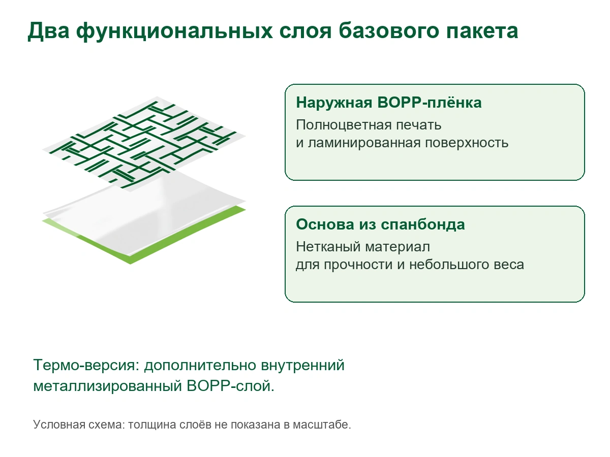 Наружная BOPP-поверхность и основа из спанбонда в конструкции пакета